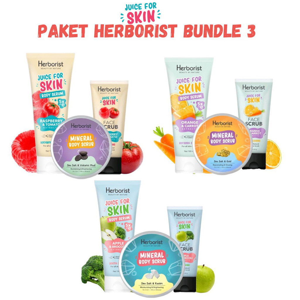 [ PAKET BUNDLE 3 ] Herborist Juice For Skin [ Body Serum 180ml + Body Scrub 200gr + Face Scrub 60ml 