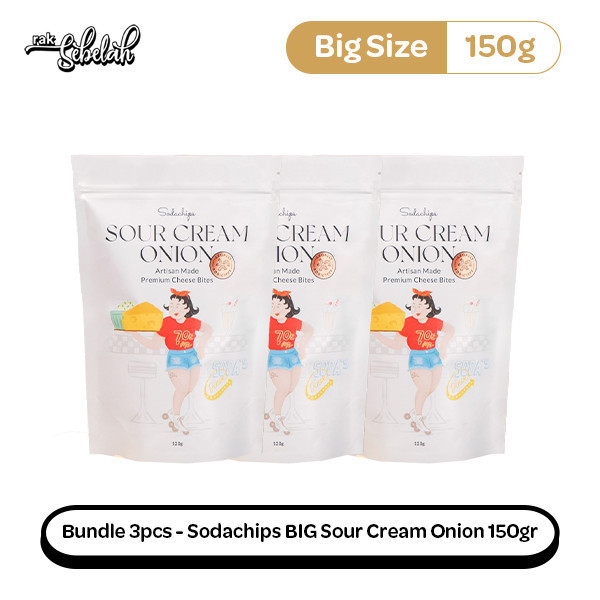 

Bundle 3pcs Sodachips BIG Sour Cream Onion Cheese Bites snack 150gr - Low Calorie Snack Keju | Healthy | No MSG | No Preservatives | Gluten Free | Vegan | Rak Sebelah