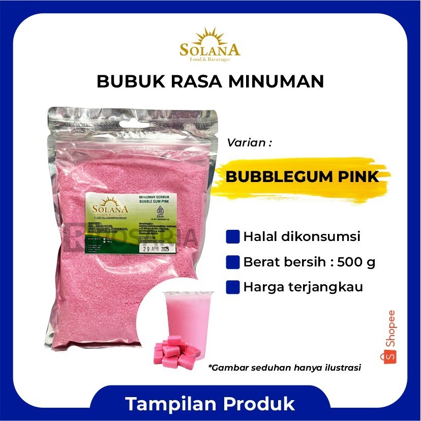

Bubuk Rasa BUBBLE GUM PINK Serbuk Minuman Permen Karet Merk SOLANA Premium Kekinian
