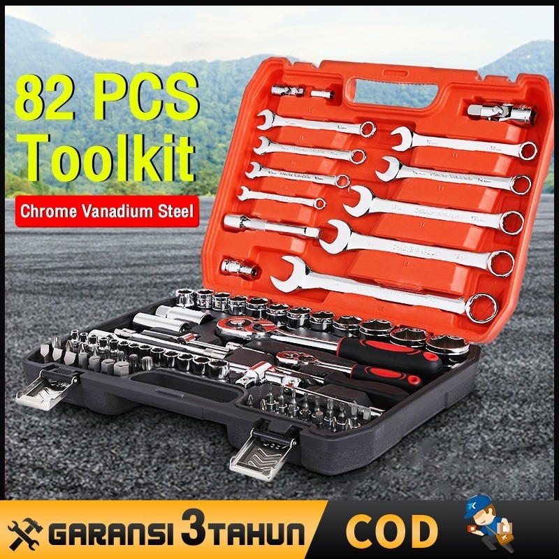 MUMPUNG PROMO82pcs Tool Kit Kunci Shock Set alat kunci pas soket Set alat mobil Set kotak alat kunci