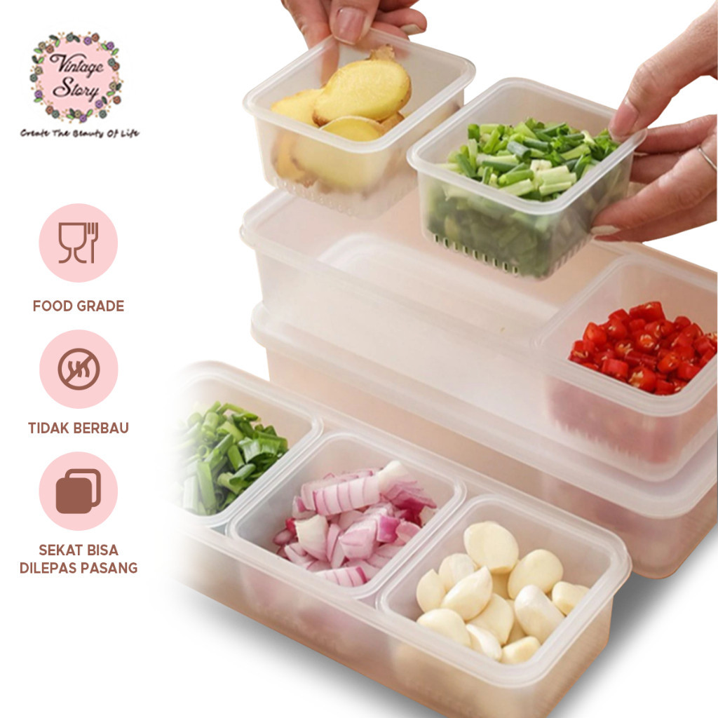 Toples Penyimpanan Makanan Kotak Saringan Kulkas 3 Sekat Untuk Buah Sayur Bawang Cabai Multifungsi