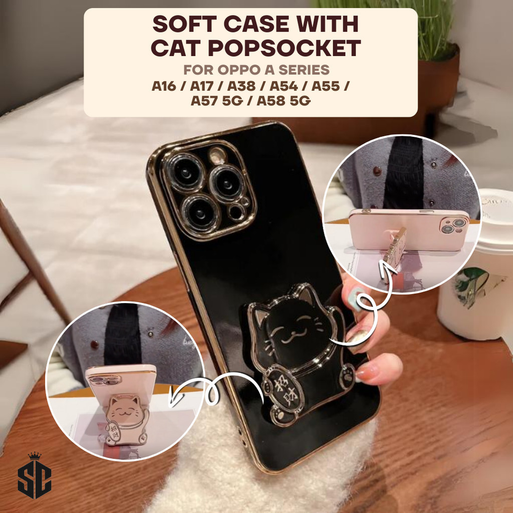 Softcase Lucky Cat Pop Socket Casing for Oppo A16 / A17 / A38 / A54 / A55 / A57 5G / A58 5G Case Luc