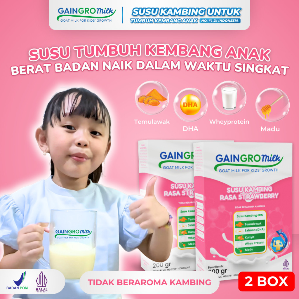 

PAKET 2 BOX GAINGRO MILK STRAWBERRY Susu Kambing Penambah Tinggi Badan Anak joyskincare.bekasi