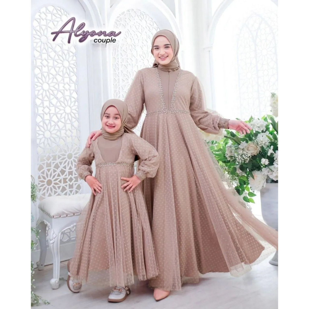 Gamis Couple Ibu Anak ALYONA COUPLE MOM AND KIDS BC Bahan Shakila Mix Tiledot Baju Kembaran Anak Per