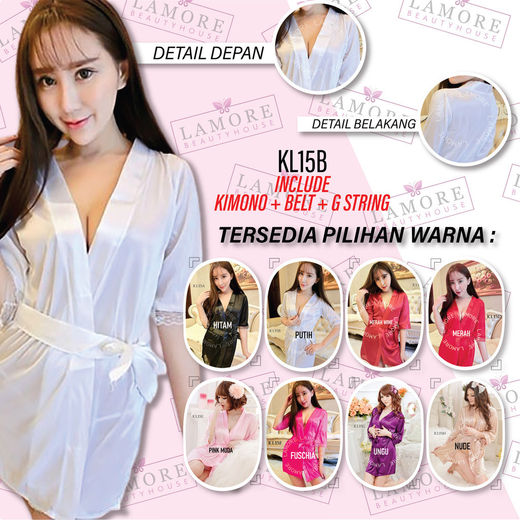 Lingerie Kimono Satin Sleepwear Baju Tidur Wanita Silk Putih Kl15B