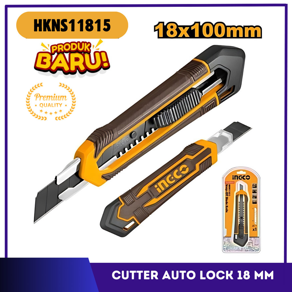 

Cutter Knife Auto Lock 18 MM INGCO HKNS16518 Premium Blade Pisau Potong Serbaguna Cuter Alat Pemotong Kertas PVC Kardus