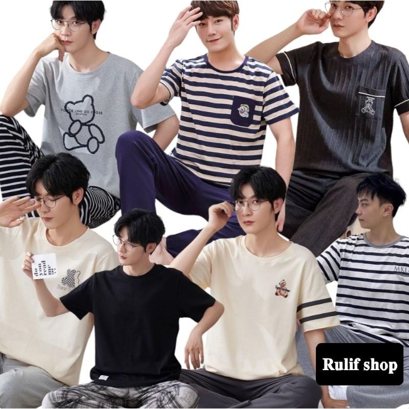 SETELAN PIYAMA PAJAMAS BAJU KAOS TIDUR SET COWOK PRIA DEWASA CP KATUN IMPORT PREMIUM LENGAN PENDEK S