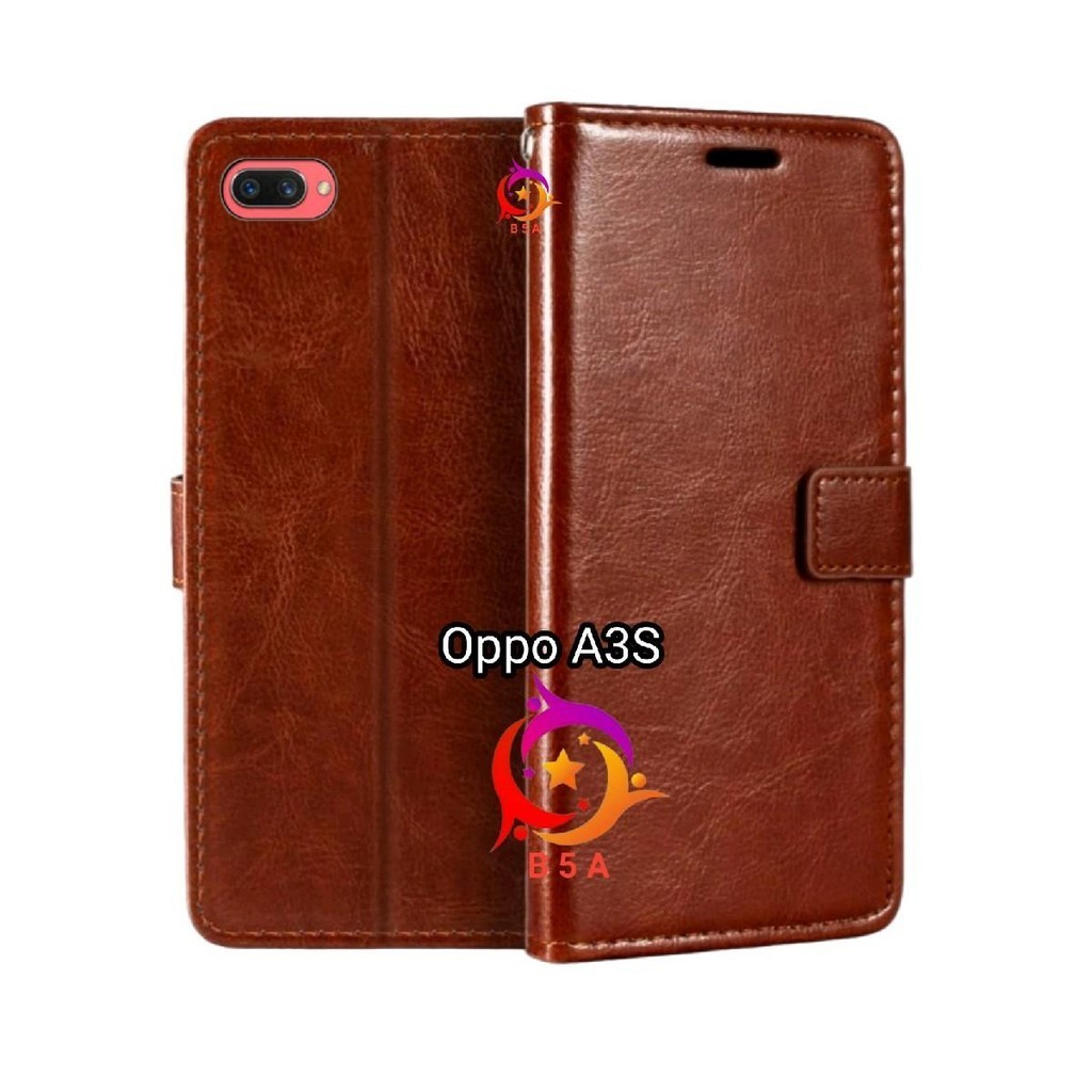 OPPO A3S Flip Cover Wallet Leather Casing Dompet Kulit ( Case Untuk A3S ) Slot Card Warna Hitam Mera