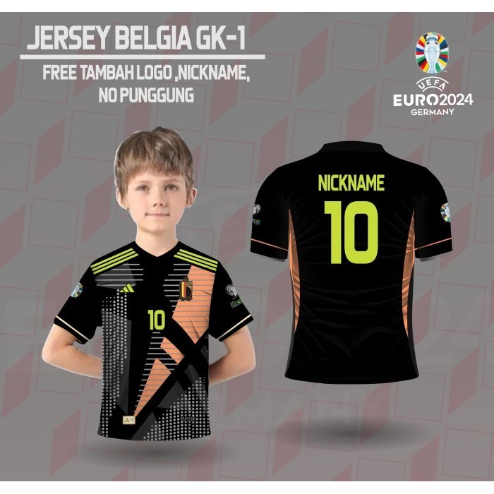 Jersey anak kaos sepak bola kiper timnas belgia baju piala eropa jerman 2024 - Hitam, 0