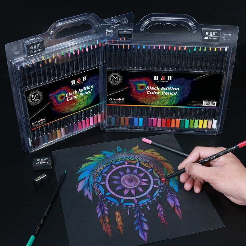 

H&B 24/50 Color Blackwood Oil-based Colores Pencil Lápices 3.3 Lead Core Art Supplies Painting Tool Set With Hand Drawn Brushes