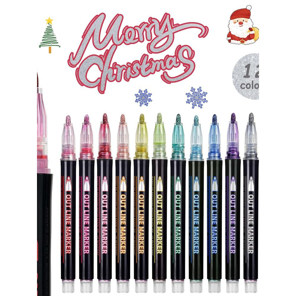

12 Colors Metallic Double Line Glitter Pens Set Christmas Gift Cool Fun Fancy Self Sparkly Supplies Art Craft Girl