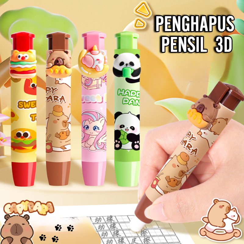 

PENGHAPUS MEKANIK / PENGHAPUS PENSIL TEKAN MOTIF KARTUN 3D LUCU CAPYBARA, HAMBURGER, PANDA, LABUBU