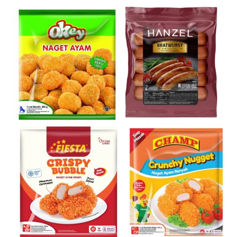 

fiesta nugget sosis bakso sausage chiken beef crunchy coin abc french fresh mitra nuget stick hanzel champ okey 200g 250g 300g 500g 1kg