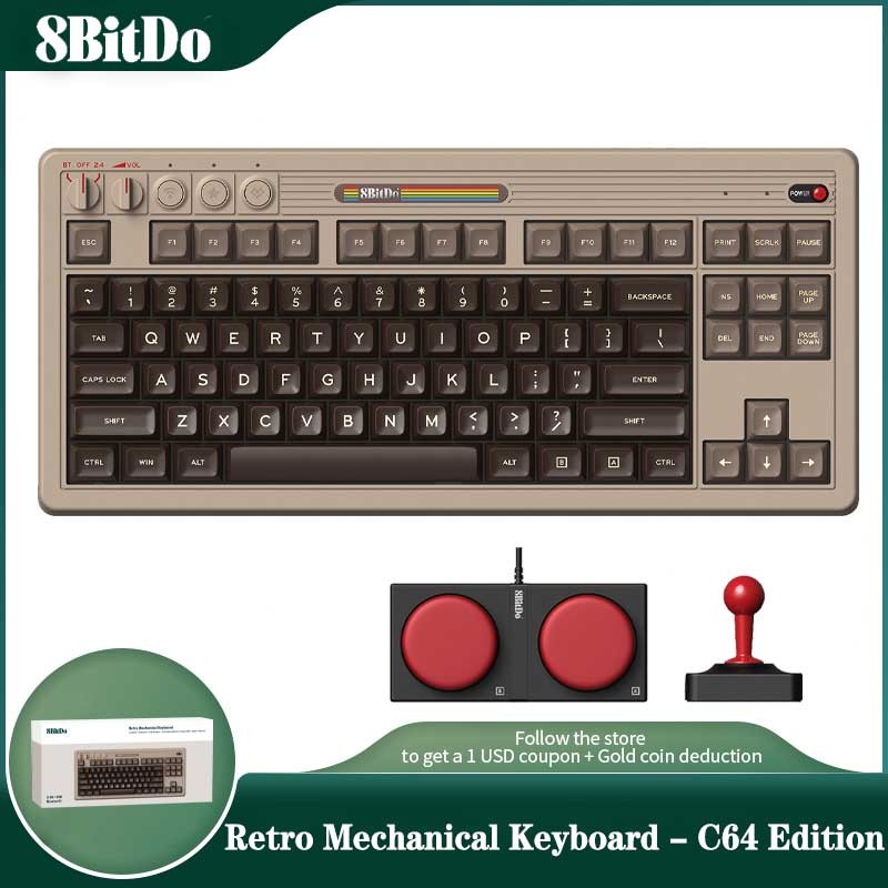 8BitDo Retro Mechanical Keyboard - C64 Edition，Bluetooth, 2.4G Wireless, and Wired 3 Modes Connect，f