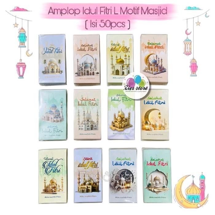 

[50Lembar] Amplop Lebaran Idul Fitri / Angpao Lebaran Box Mika Size L Motif Masjid