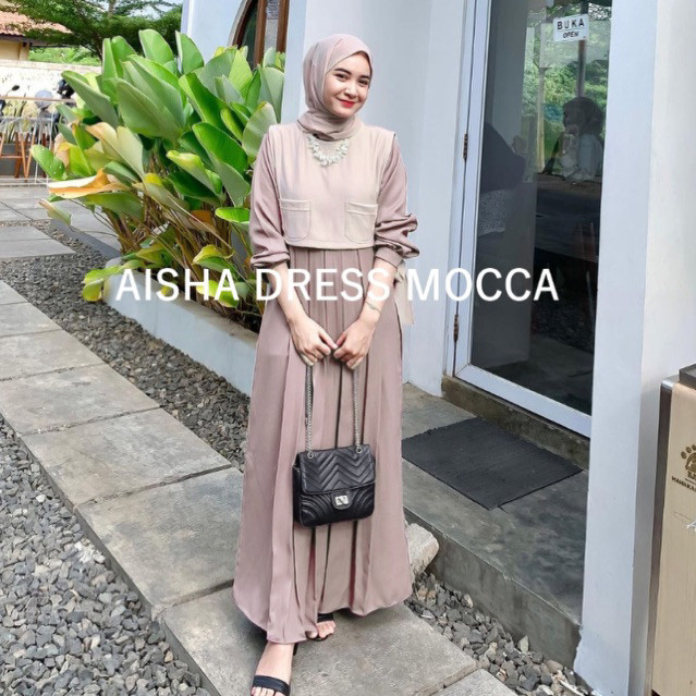 AISHA GAMIS BUSUI DRESS REMAJA WANITA POLOS DENGAN ROMPI VEST OUTFIT HARI RAYA LEBARAN