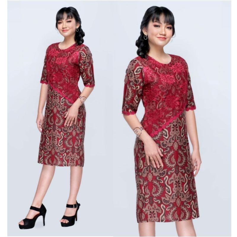 Dress Batik Wanita Modern Jumbo 4L-5L Kombinasi Brokat Tunik Big Size XXXL Seragam Keluarga DVN-D/ B