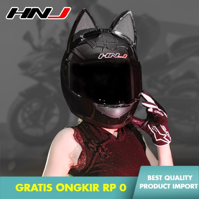 Helm Hnj  Motor Listrik Telinga Kucing  Abu-abu Busur Pria  Wanita Lucu Sepeda Motor  Full Face Impo