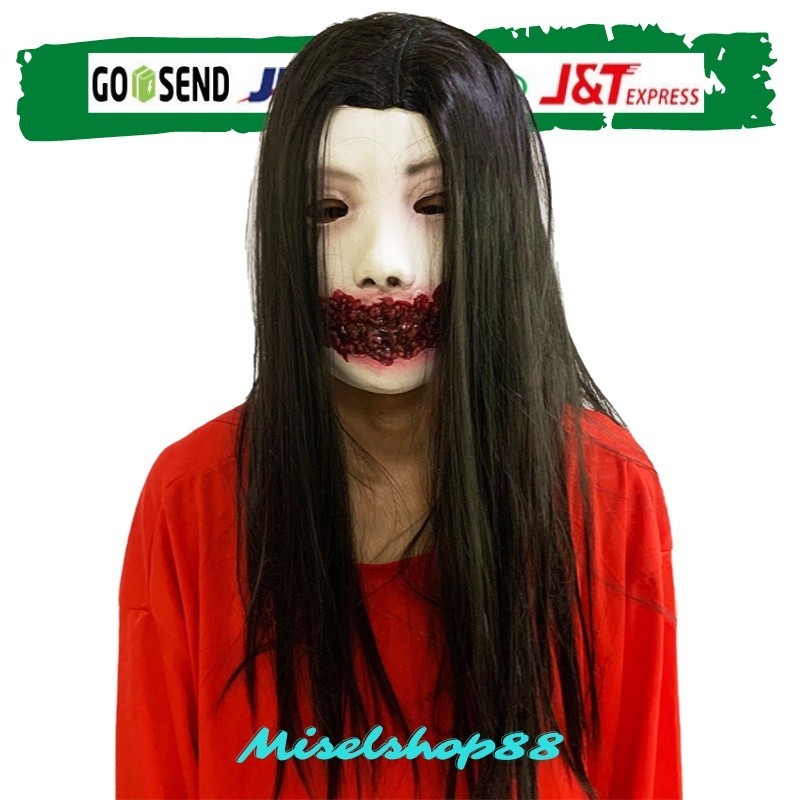 Topeng seram nenek sihir mulut berdarah latex dengan rambut halloween | topeng nenek sihir | cosplay
