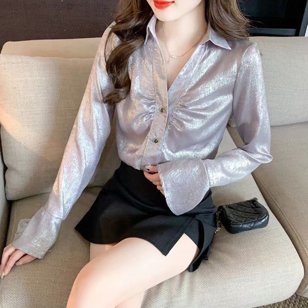 French V-neck tie dyed satin shirt women's pleated long sleeved top