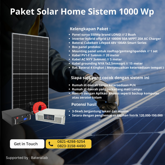 Paket PLTS 1000Wp 1000watt Inverter 4800Wh baterai 20A AC Charger Untuk rumah tangga 450-900VA