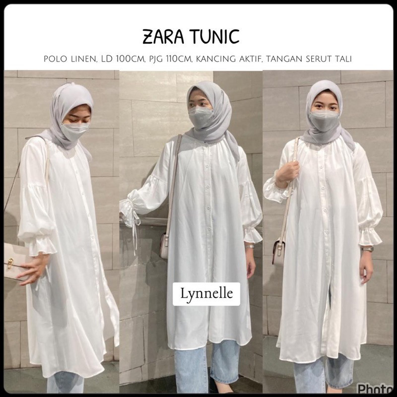 ZARA TUNIC • LYNNELLE • tunik putih white busui tangan serut tali bahan polo linen/ GAMIS MODEL BARU