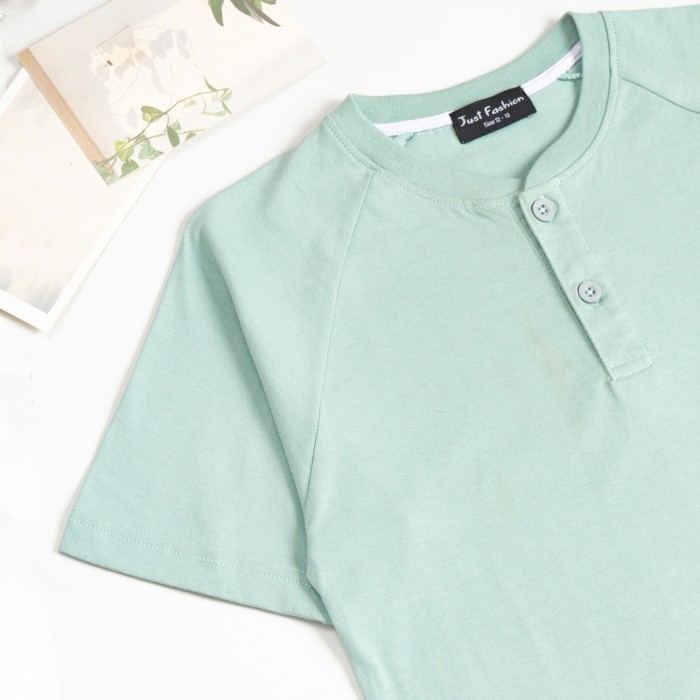 Terlaris ✨ -Kaos Raglan Anak Laki Kancing Depan Remaja Cowok Tanggung 6 8 10 12 14 - Hijau Muda (Kcg