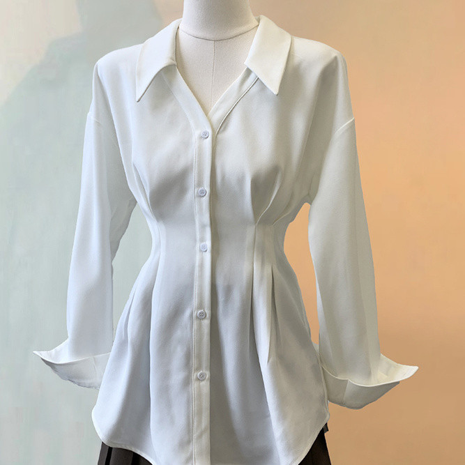 Kemeja Sifon Kerah V Putih POLO Prancis untuk Wanita Kemeja Lengan Panjang