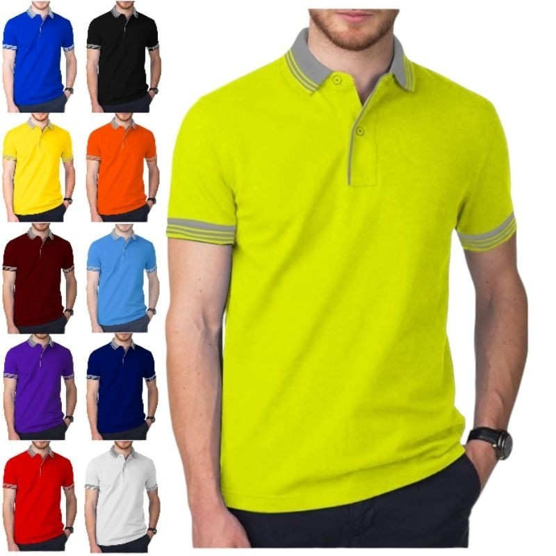 KAOS POLO SHIRT LENGAN PENDEK KERAH KOMBINASI BAJU PRIA WANITA POLOS WARNA M L XL HITAM PUTIH COKLAT