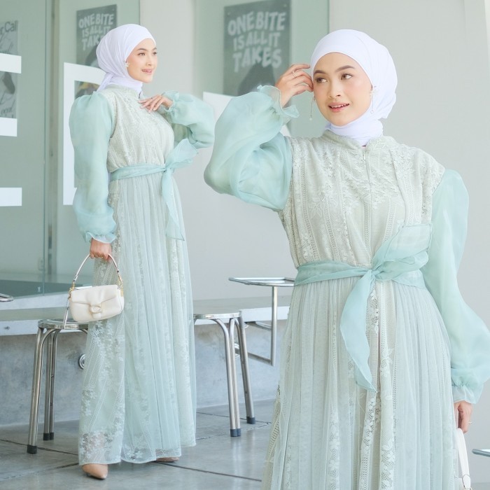 Gamis Najla XL baju muslim dress brukat Malika cantik murah - sage