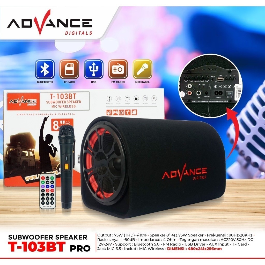 Speaker Advance Bluetooth T103BT /BTPRO + MIC Speaker 8 inch Advance