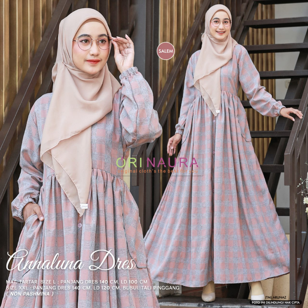 Gamis Wanita Muslim Annaluna Dress / Tartar Midi Flanel OriNaura / Gosha Jumbo / Abia / Agrifa L XL/