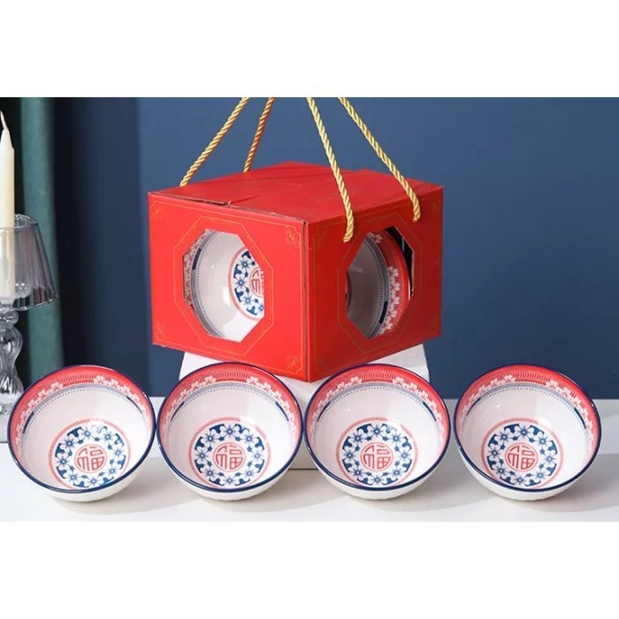 

✨LARIS✨ -porcelain rice soup bowl for souvenir wedding birthday hampers - 4 Bowls Red