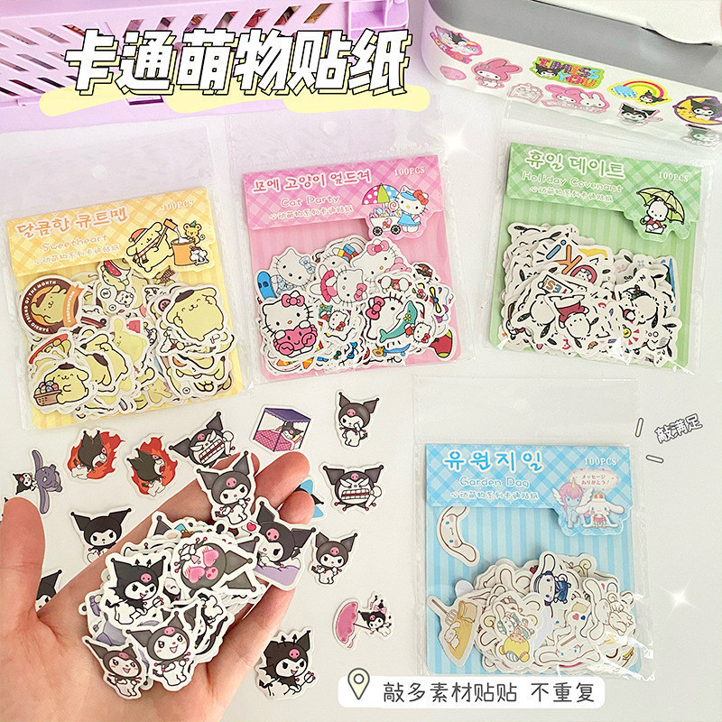 

(SHJ) 100pcs Stiker Lucu Sanrio Aesthetic Tempelan Stiker cinnamoroll kuromi melody Helm Motor Dinding Kamar
