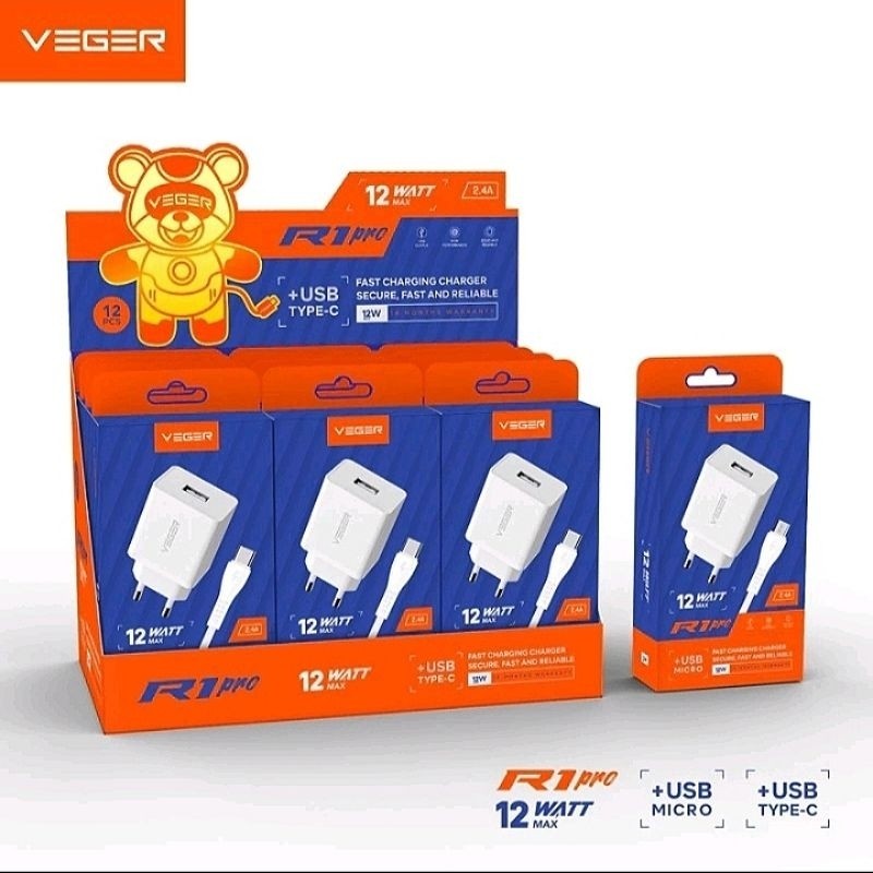 VEGER R1 PRO / charger VEGER R1 PRO 12W 2.4A with kabel MICRO USB or TYPE C