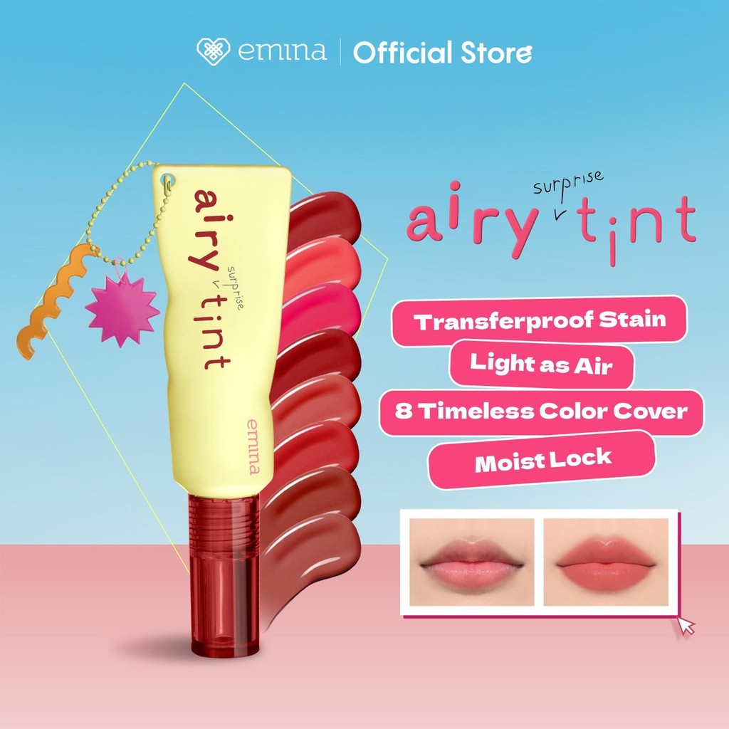 Emina Airy Surprise Tint 3g + Keychain - Lip Tint Viral Ringan Water Based, Tahan Lama Waterproof Tr