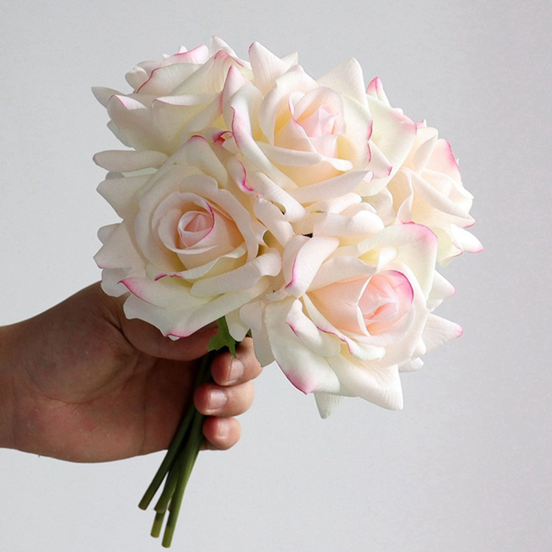 

5Head Curl Edge Rose Bunch Moisturizing Real Touch Rose Bouquet Wedding Bridal Bouquet Artificial Flowers Home Party Event Decor