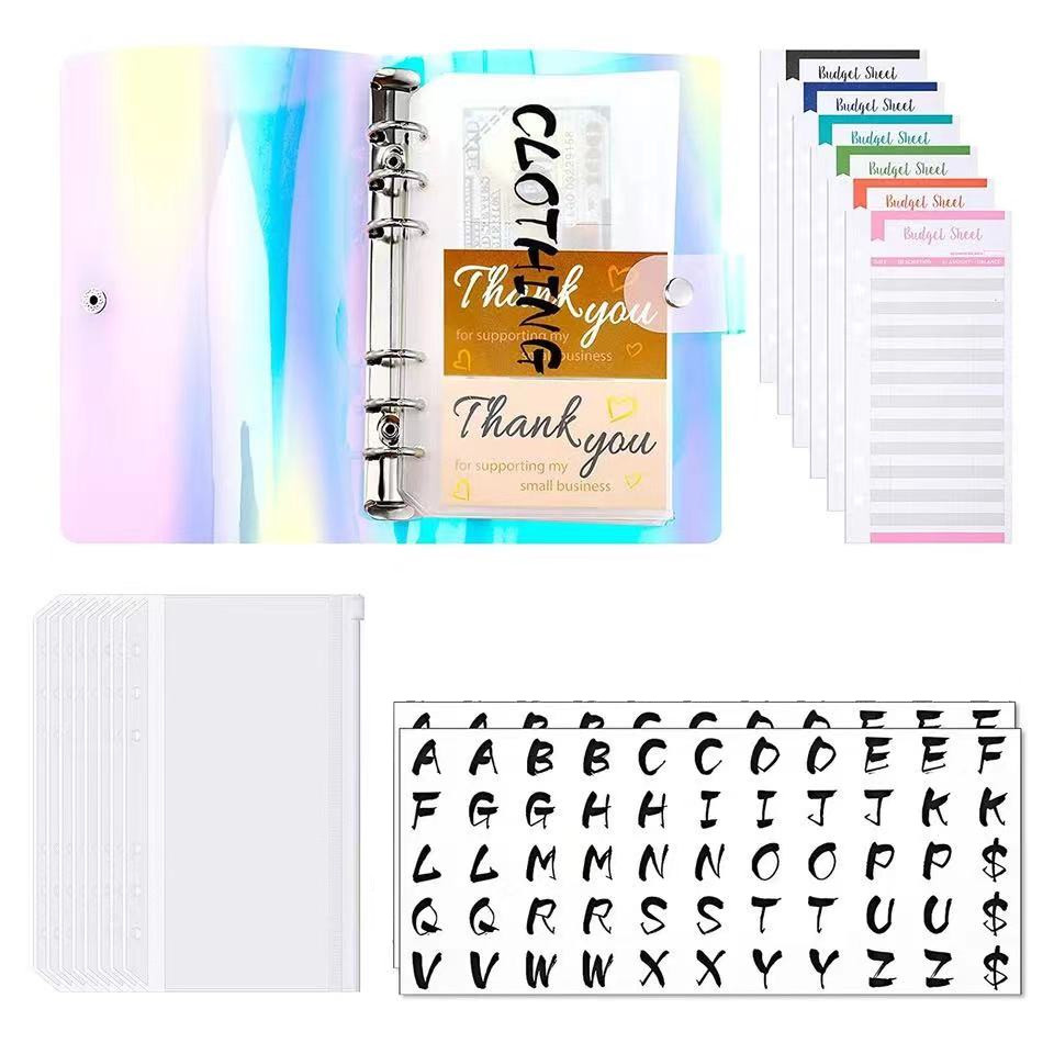

A6 Binder Refillable Notebook Cover with 12 Cash Envelopes Budget Sheets and 6 Pieces Black Letters Labels for Planner Office