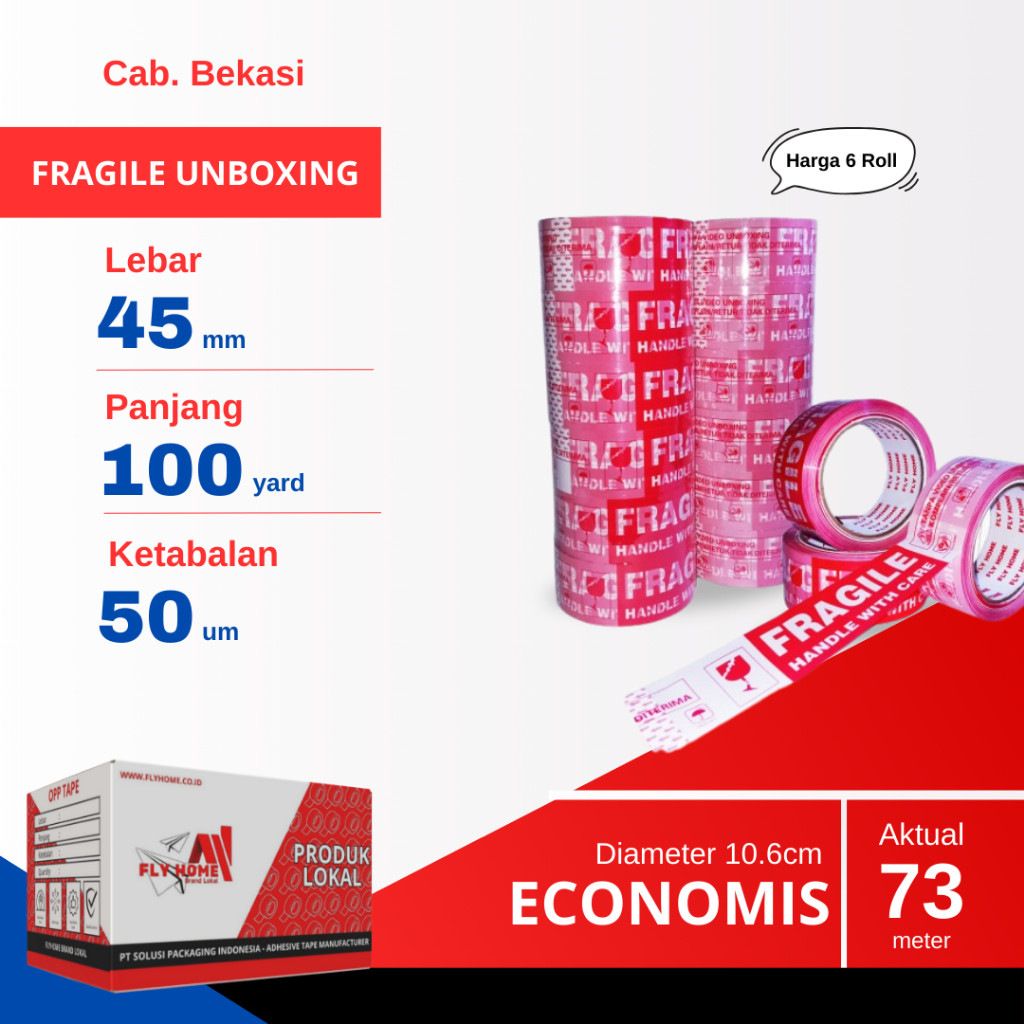

FLYHOME 6Roll Lakban Fragile Unboxing 45x100Y 2inci Uk Besar ECO 100 Yard