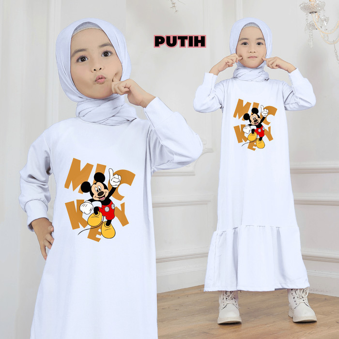 GM080 Kyodai Kids - Gamis Anak Motif Mickey Mouse usia 1-12 Tahun - Putih, S