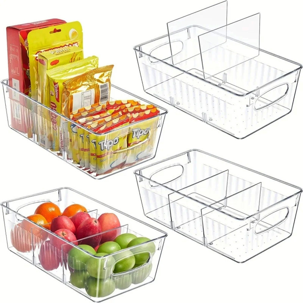 

1Pc Hot Kitchen Refrigerator Organizer Bin Clear Plastic Food Storage Fridge Storage Box with Divider Freezer Pantry Organizer