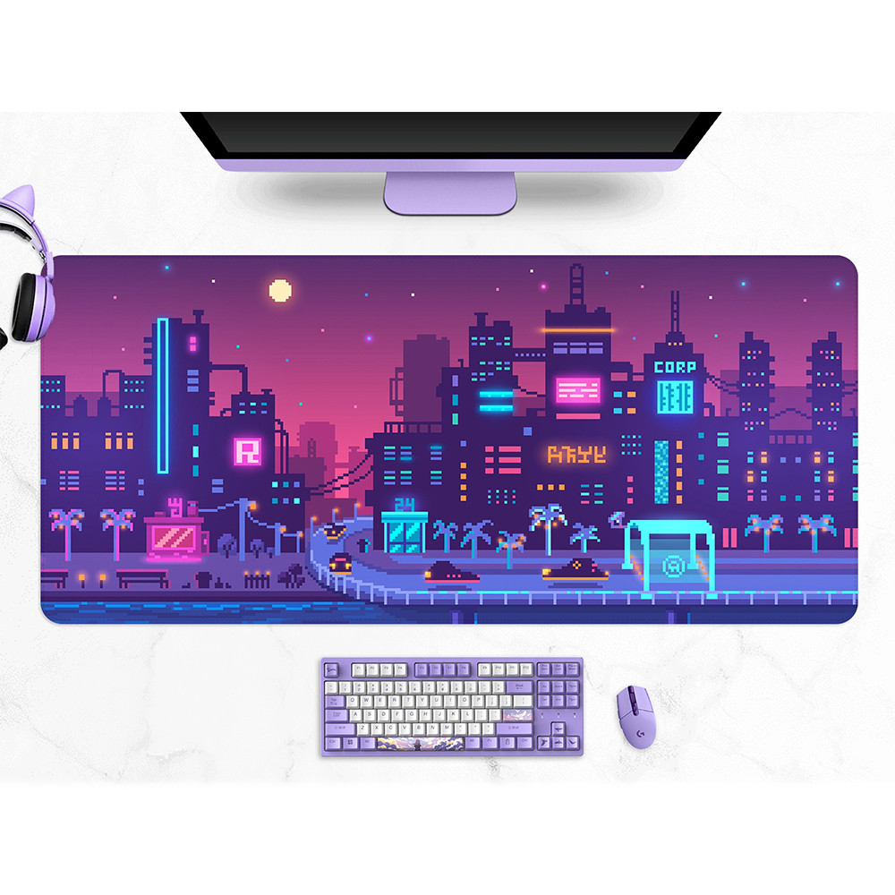 Neon vaporwave desk mat, tokyo skyline pixel art, Purple Japanese anime, futuristic city street mous