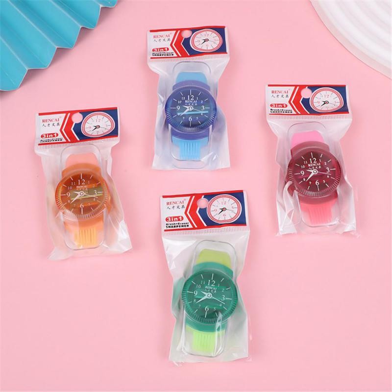 

3 in 1 Pencil Sharpener Classroom Prize Cartoon Watch Pencil Cutting Tool with Eraser Brush Creative Sharpener School Supply