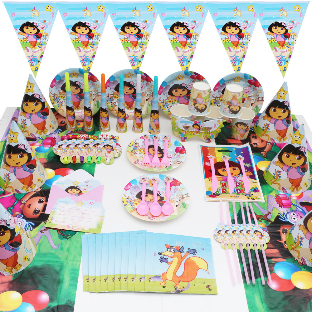 

Cute Dora Birthday Party Supplies Kid Gift Baby Shower Cup Plate Hat Balloon Celebration Tableware Girl Faovr Party Decor