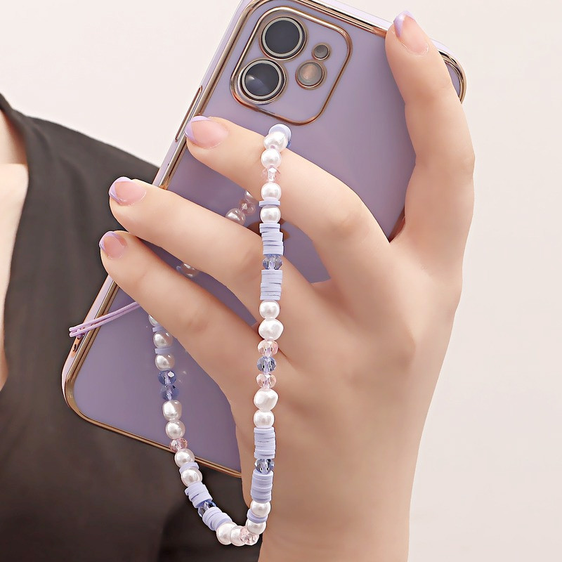 

Simple Crystal Pearl Phone Chain Women Clay Beaded Phone Lanyard Devil's Eye Love Mobile Phone Strap Pendant Jewelry Accessories