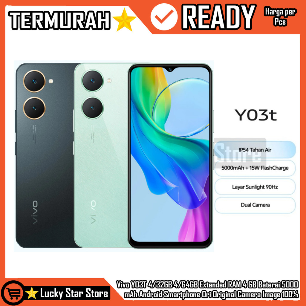 Vivo Y03T 4/32GB 4/64GB RAM 4 64 GB 5000 mAh AI Dual Camera 15W Flashcharge Layar Sunlight 90 Hz And