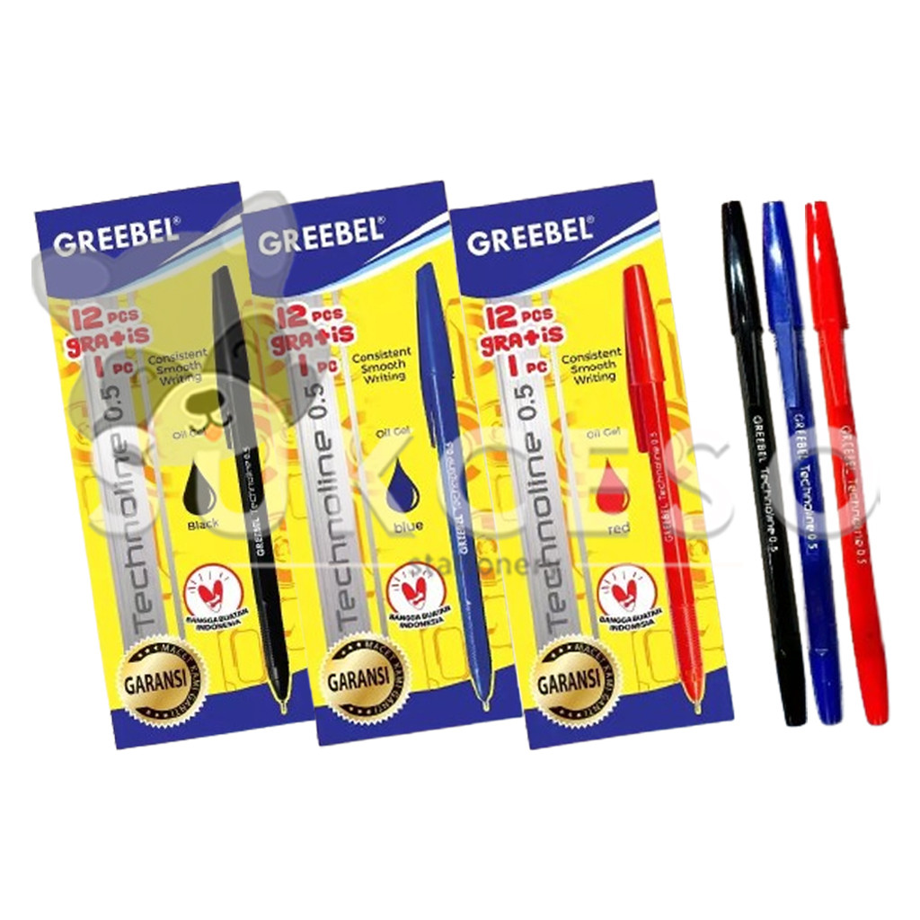 

GREEBEL Ball Pen Pulpen 0.5mm Technoline DIJUAL LUSINAN Isi 12 Free 1 Pulpen
