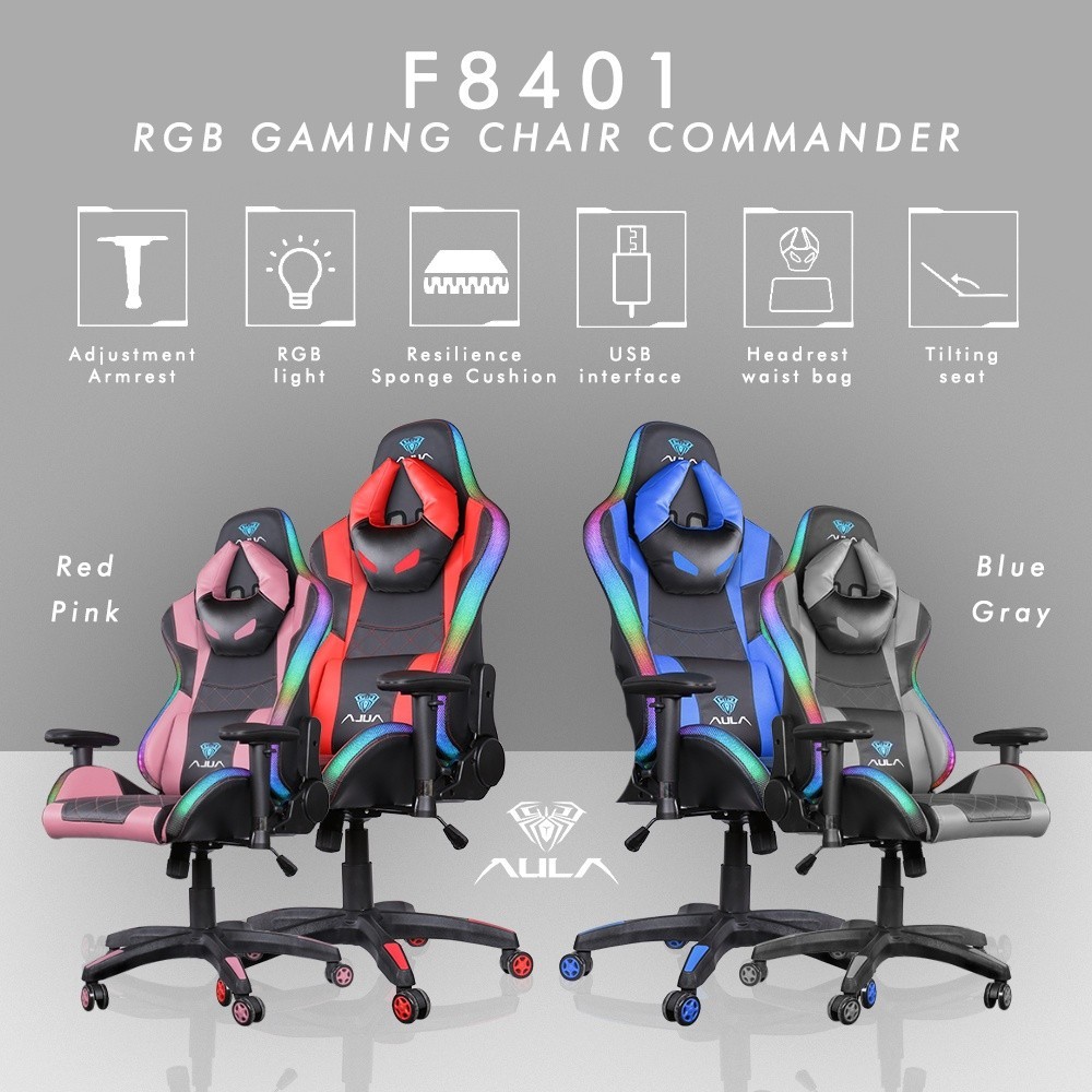 PROMO HARI RAYA BUY ONE GET TWO (FREE Keyboard & Headset) Kursi Gaming / Gaming Chair RGB LED AULA C