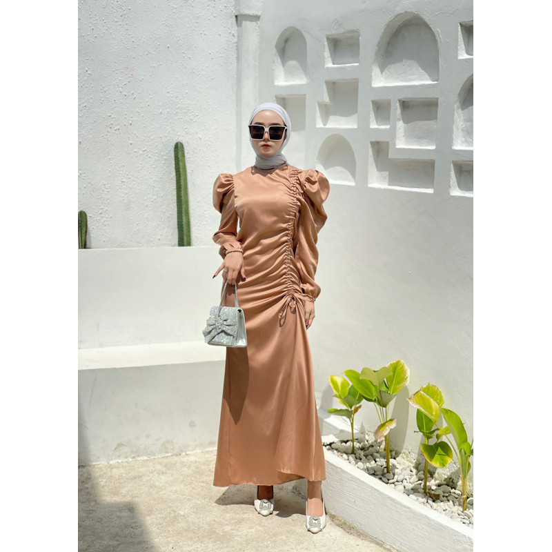 Mimosa Dress | Dress Serut Samping Satin Silk Premium | Gamis Serut Wanita Kondangan Bridesmaid