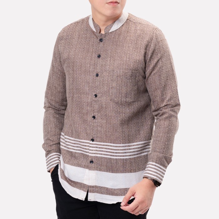 Koko MurMer_ Baju Kemeja Koko Pria Muslim Lengan Panjang Kemko Kurta Gamis Hem KL05 - GarisCoklatSta